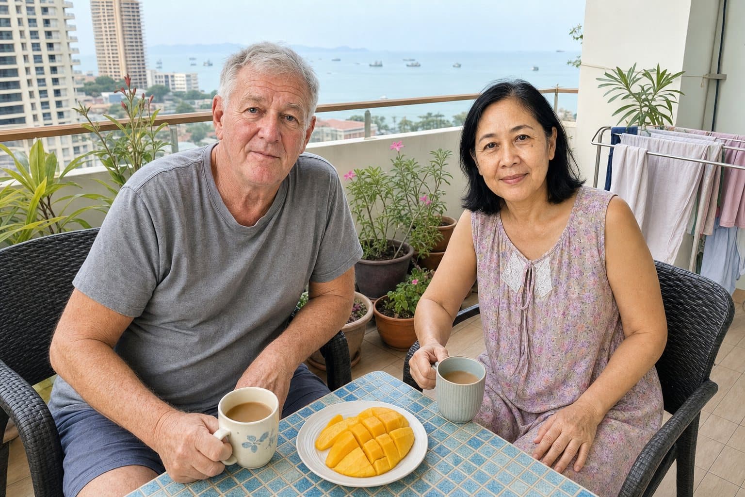 Tim and Nok having coffee on their balcony in Pattaya